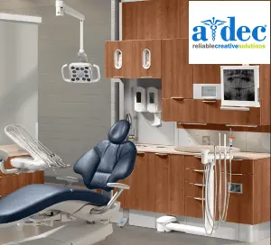 Photo of a dental chair. A-dec logo: "reliable creative solutions"