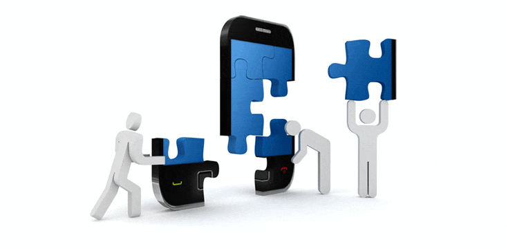 Stick figures assembling a jigsaw-cut mobile phone