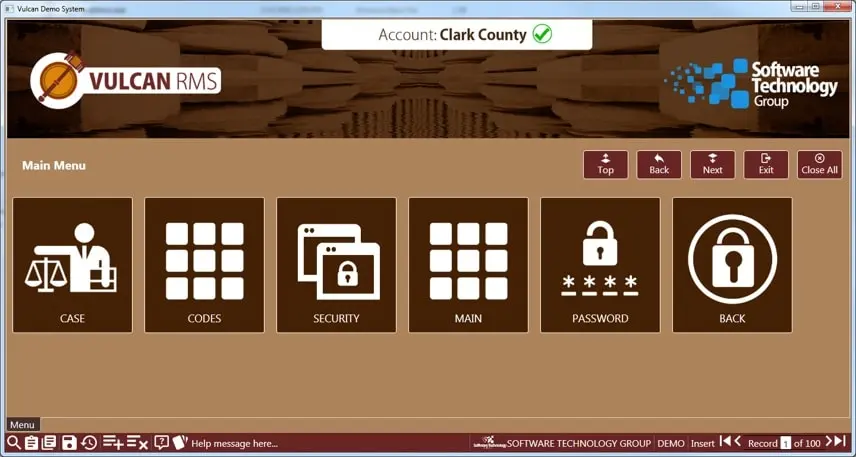 Vulcan CMS menu screen with menu entries "Case", "Codes", "Security", "Main", "Password", and "Back"