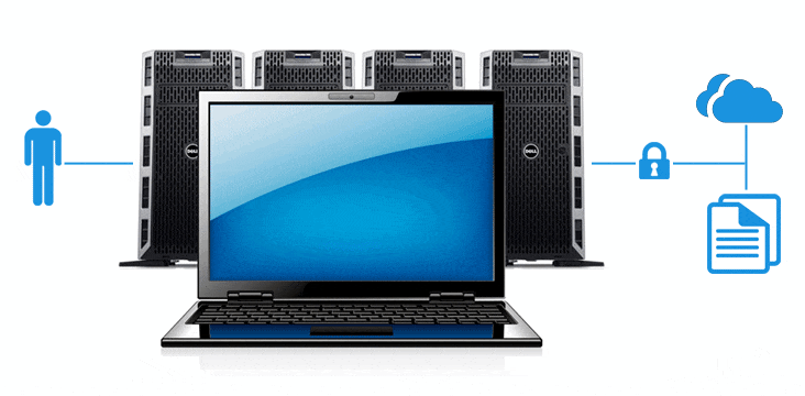 Laptop in front of server array, with security icons